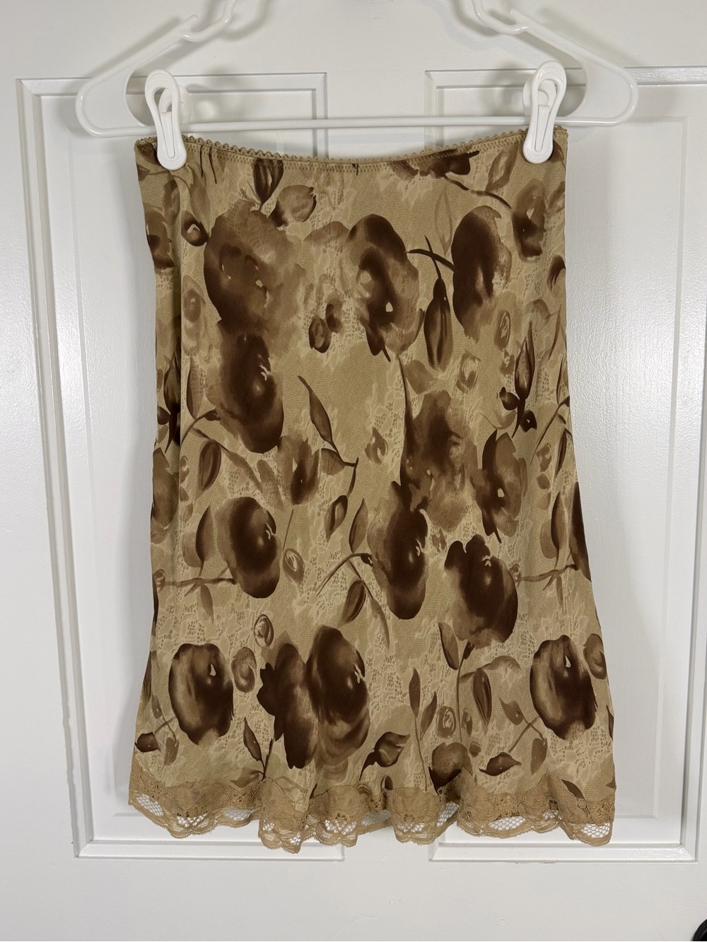 INC 100% Silk Floral Lace Trim Slip Skirt 6P Petite Brown Tan Cottagecore